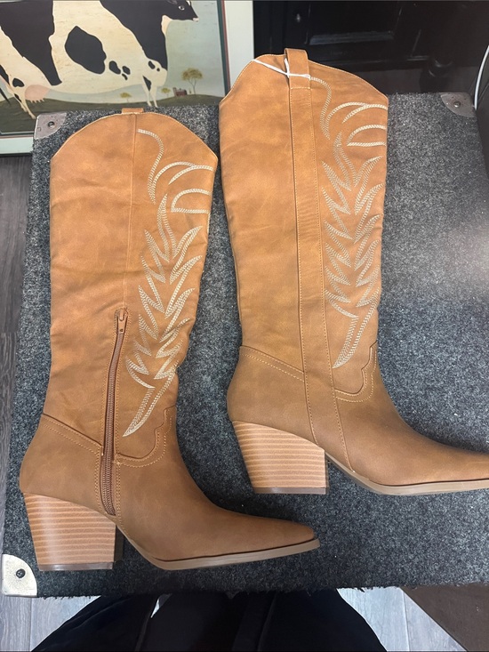 Shoes - Women’s Tan Western Knee-High Boots with Embroidered Detail